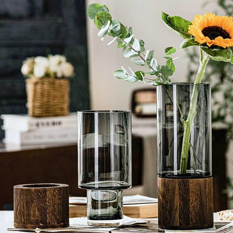 Luz de estilo europeo de lujo redondo bandeja de madera florero de vidrio Red roja de alto aspecto de la sala de estar mesa de comedor de aumento de agua arreglo de flores decoración