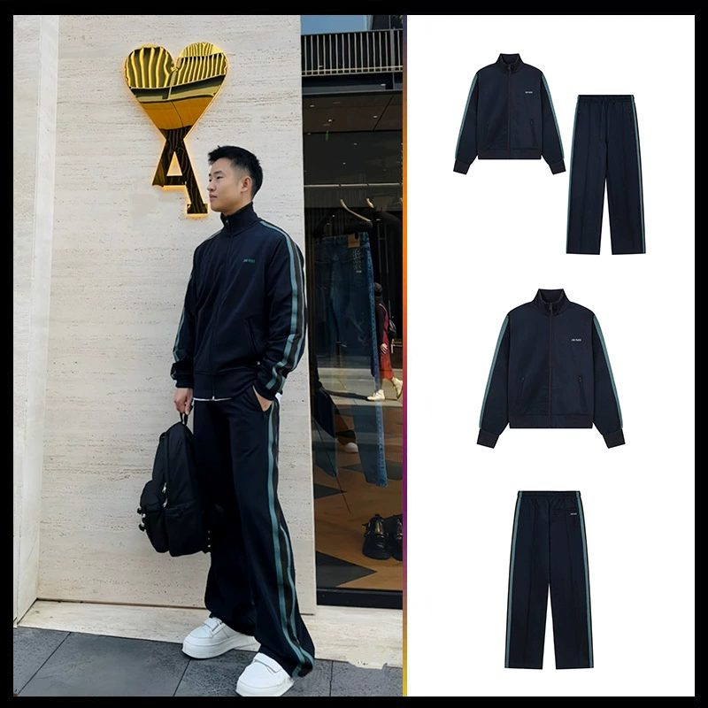 AMI KMNS мужской и женский набор кардиган с молнией в полоску алфавит пара пальто повседневные свободные прямые брюки прилив