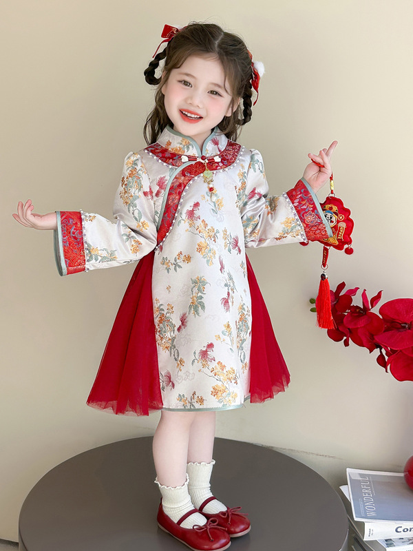 女童秋季新款复古中国风连衣裙中小儿童装新中式唐装裙子表演服|undefined