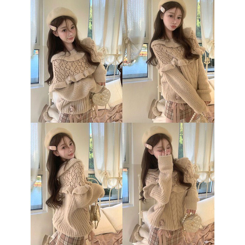 嗲甜美奈 冬装新款昭和千金甜美设计感针织毛衣格纹半裙显瘦套装|undefined