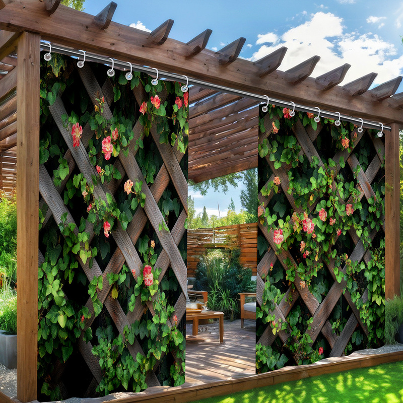 Cross-border JIT Order Outdoor Waterproof Pavilion Rack Retro Digital Printing Punch-free Hook Curtain Shower Curtain