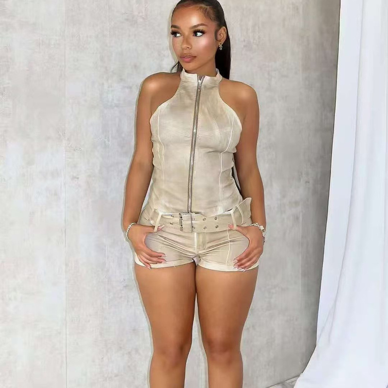 European and American Women's Denim suit Sleeveless Zipper Short Top Elastic Shorts Design Sense Belt Shorts suit