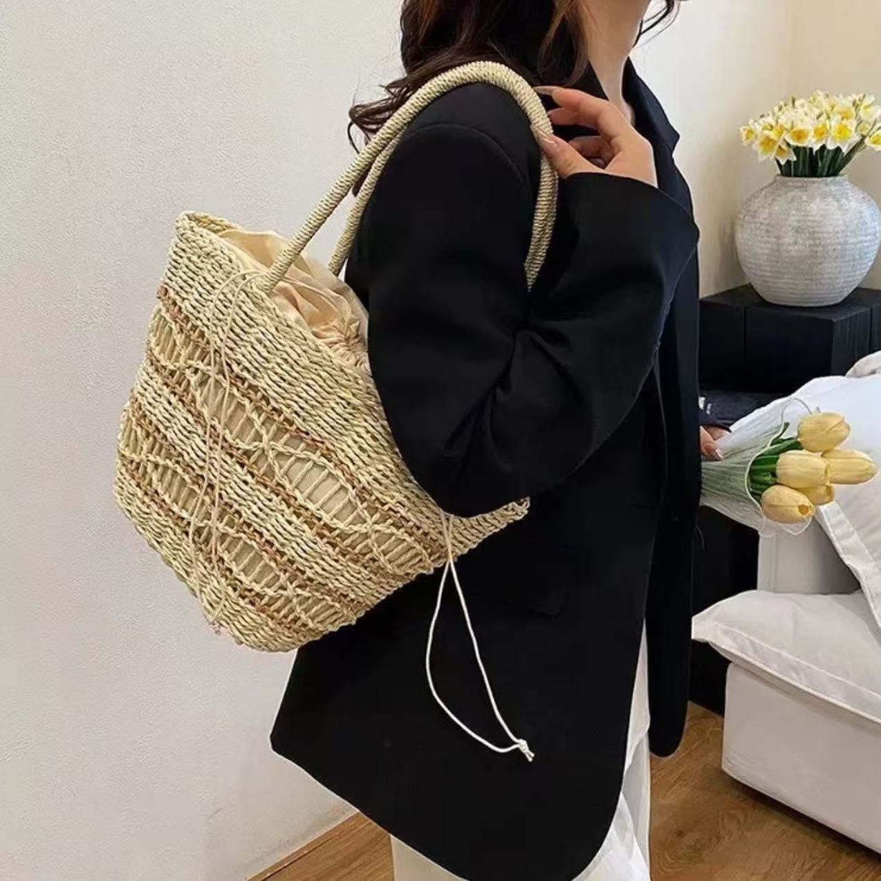 外单一件代发单肩草编包女包包托特包沙滩包手工包编织包度假包