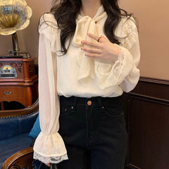 Lace shirt with autumn and winter plus fleece 2025 new fashionable and versatile design bow shirt underwear for women