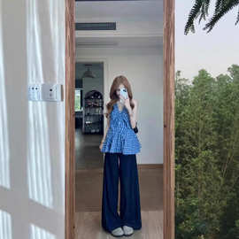 多巴胺蓝色格子设计感无袖衬衫背心夏季外穿别致修身v领上衣辣妹