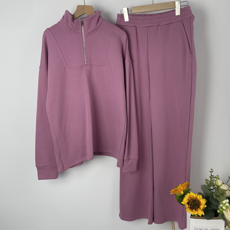 Vêtements pour femmes, sweat-shirt en coton de couleur unie, combinaison à fermeture éclair et pantalon de sport ample en velours pour femmes_voghion.com
