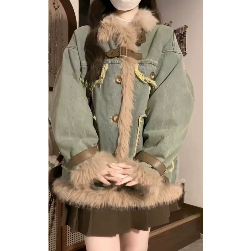 Джинсовая зимняя теплая ретро-куртка, oversize, стиль высокого качества