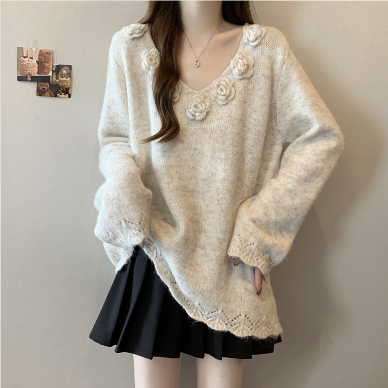 Pink Knitted Knitwear V Neck Right Shoulder Knitwear Plus Size Women's 2025 Spring & Fall Fat mm Mid-Length Stereo Flower Top
