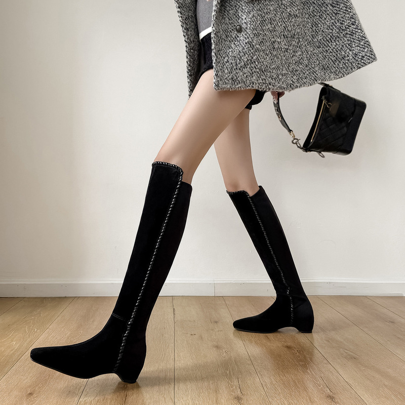 4.5cm Mid-Heel Inner Heightening Over-The-Knee Boots for Women in Autumn and Winter New Elastic Boots for Small People to Increase Height and Versatile Slim Boots