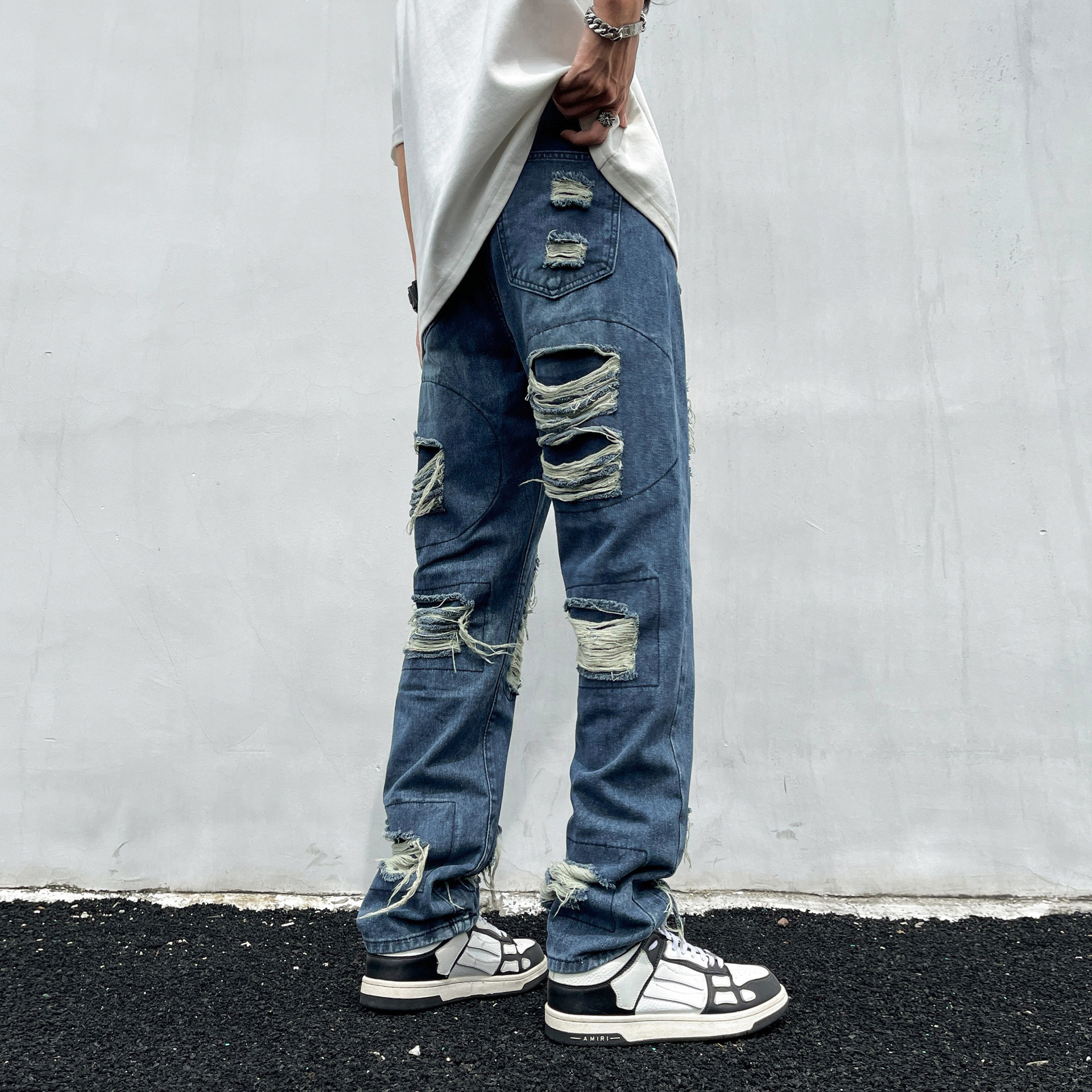 Tie-Dye Ripped Jeans For Men And Women American High Street Vintage Washed Slim Fit Flared Pants_mkmklike.com