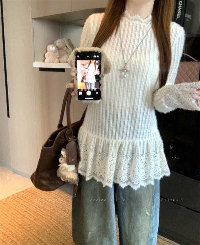 纯色花边半高领长袖T恤女早秋叠穿蕾丝内搭打底衫设计感小众上衣|undefined