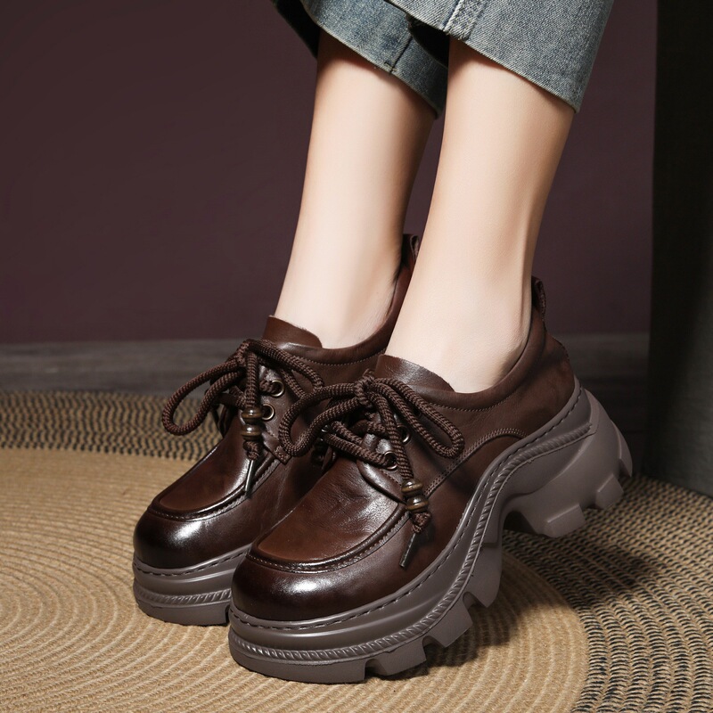Niche Light Luxury 2025 Autumn Handmade Retro Women's Shoes Low-Top Soft Leather Thick Heel Lace-Up First Layer Cowhide