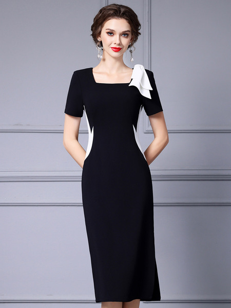 Black and white color block square collar exposed collarbone acetic acid wrapped hip skirt 2024 summer