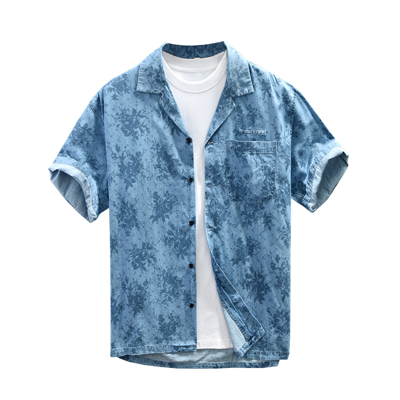 Camicia da uomo estiva alla moda con stampa floreale, colletto cubano, maniche corte in denim, disponibile per il dropshipping Z945_voghion.com