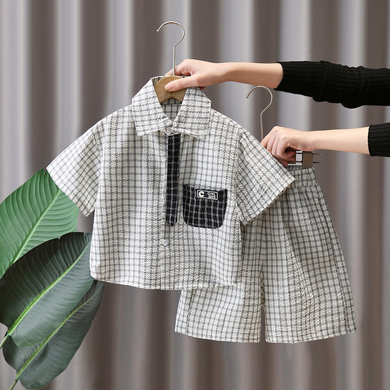 7178 Traje de camisa a cuadros para niños Vestido de verano delgado de manga corta y guapo 2025 Nuevo traje de verano para niños Verano de dos piezas