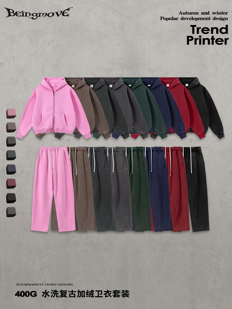 Calle secada| 2025 otoño y invierno retro americano callejera gruesa cremallera con capuz suéter macheta pantalones set hombre