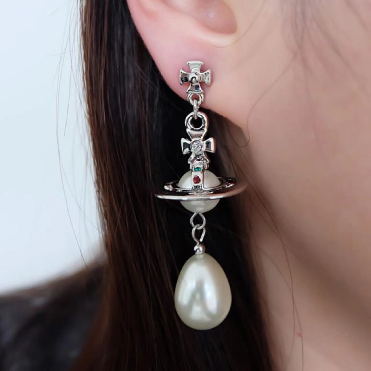 欧美土星珍珠耳环 闪钻彩钻珍珠长款流苏耳钉小众设计感银针耳饰