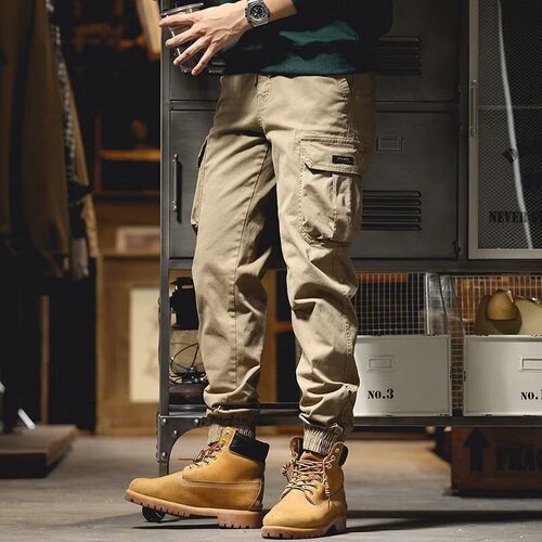 American locomotive overalls, men's spring and autumn fashion brand slim slim-fitting, small feet, men's retro multi-pocket casual pants
