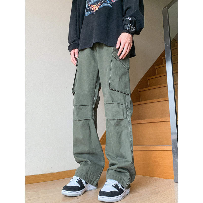 Pantalones americanos de moda masculinos rectos y sueltos de alta calle retro de piernas anchas de tope de piso de micro cuerno pantalones de trabajo casuales