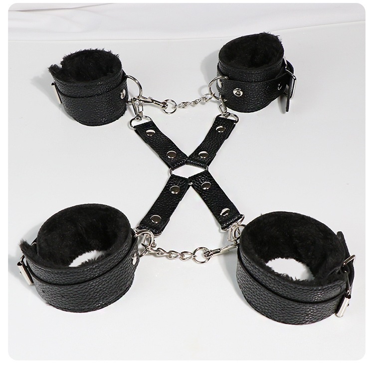 Plush Bondage Restraint Set with Handcuffs, Foot Cuffs, Neck Collar and Blindfold in Black — detail image 36