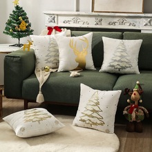 批发驯鹿金色银色圣诞节方枕立体节日靠垫绣花烫金圣诞树毛绒抱枕