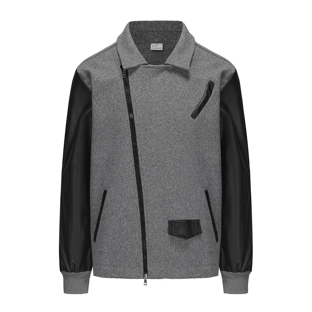 Export design men's jacket original design PU leather splicing woolen jacket lapel zipper jacket