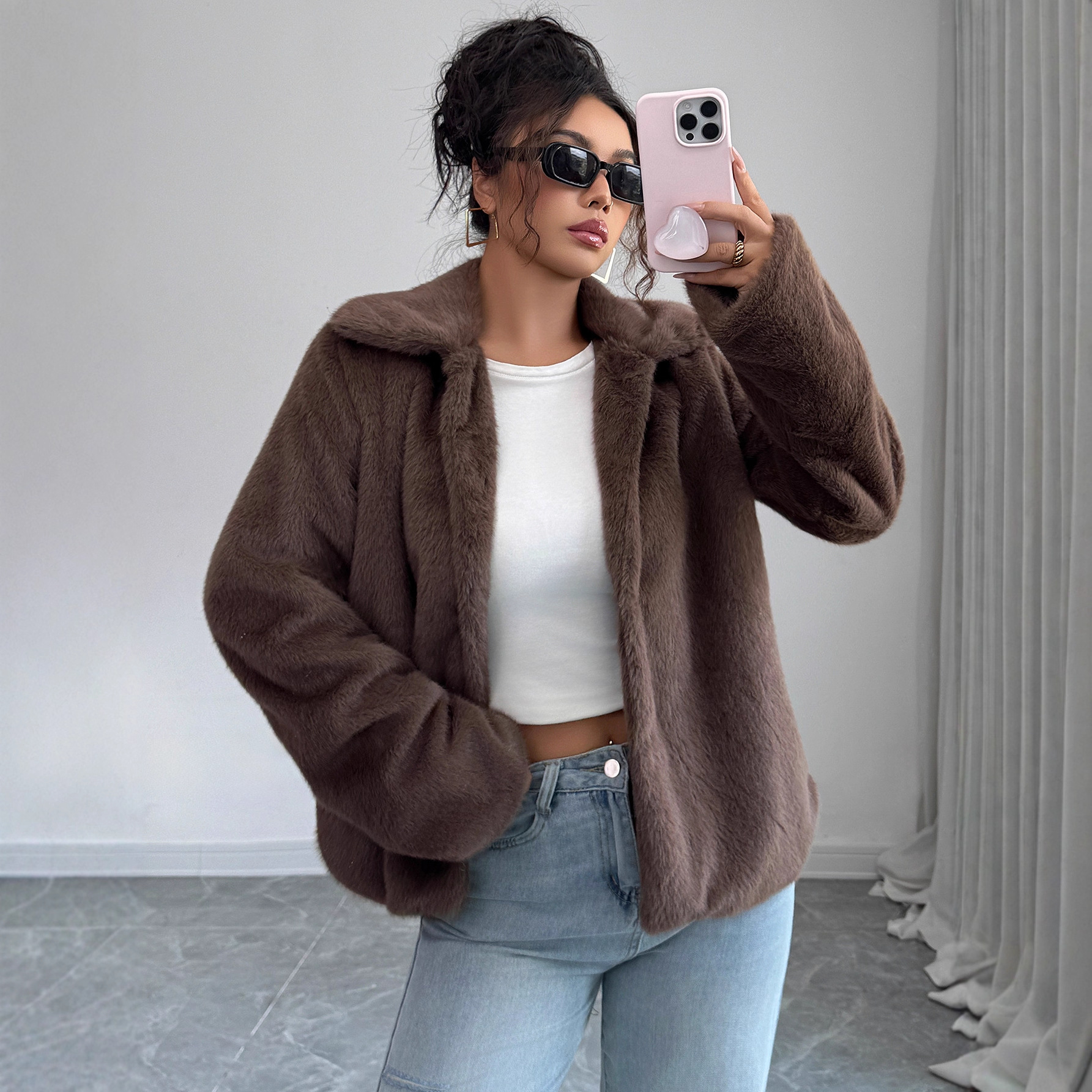Elegant Women's Long Sleeve Plush Coat – Oversized U-Neck Trench Coat For Fall & Winter, Soft Polyester Fleece (Brown)_ecoleips.com