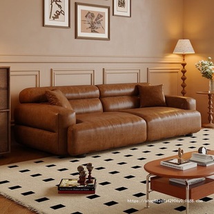 Retro Style Antique Italian Style Simple Modern Sofa Home Small Apartment Living Room Oil Wax Straight Leather Sofa Dark Brown