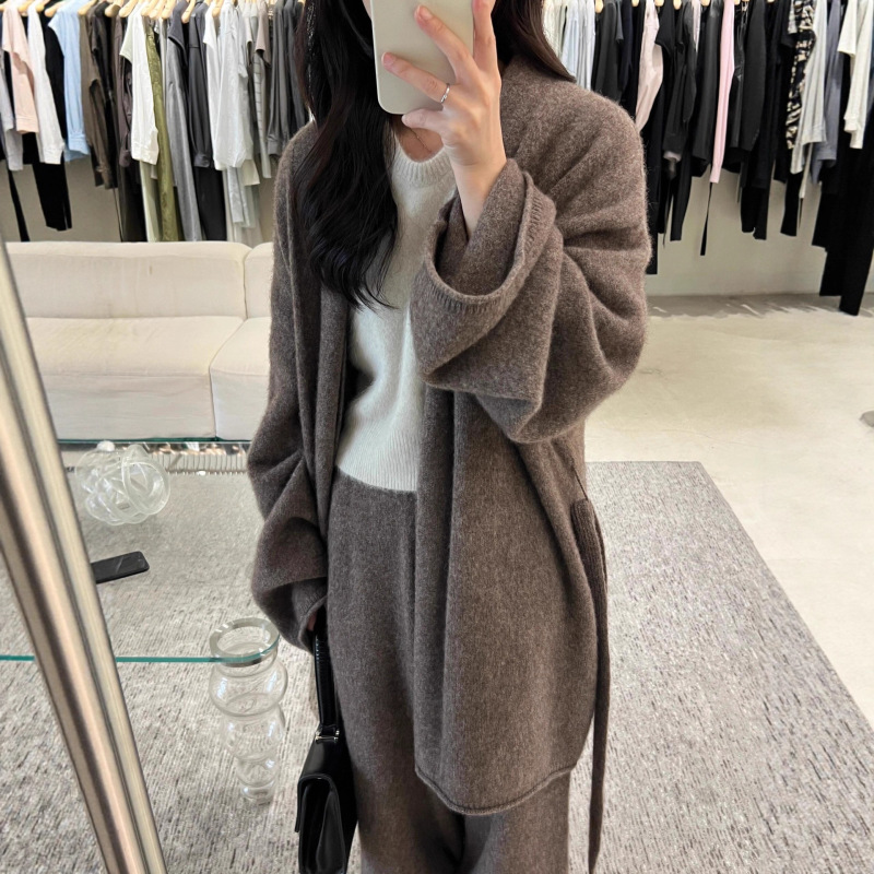 慵懒冷淡系休闲套装女秋冬高级感加厚灰色针织开衫阔腿长裤两件套|undefined