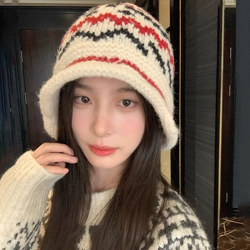 Жаккардовая шапка Fair Isle вязаная для женщин, зимняя утолщённая тёплая шерстяная шапка, показывает лицо, маленькая рыбачья шапка с защитой ушей от холода
