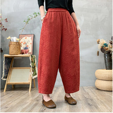 女式哈伦裤棉麻2025新款民族风提花九分裤高腰宽松显瘦小脚休闲裤