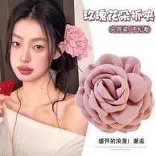 caro同款粉色玫瑰花花抓夹女大号干枯花朵发夹网红后脑勺头花发卡