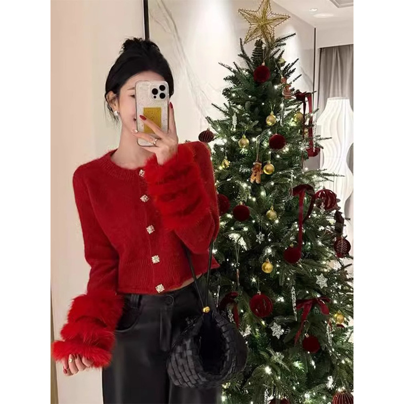 Real-Price Spot French Style Red Furry Long-Sleeved Sweater Unique and Beautiful Fur-Sleeved Knitted Cardigan Top