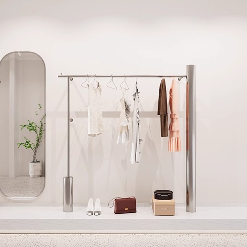 Floor-standing silver stainless steel display rack combination shelf for women's clothing store specialized hanger