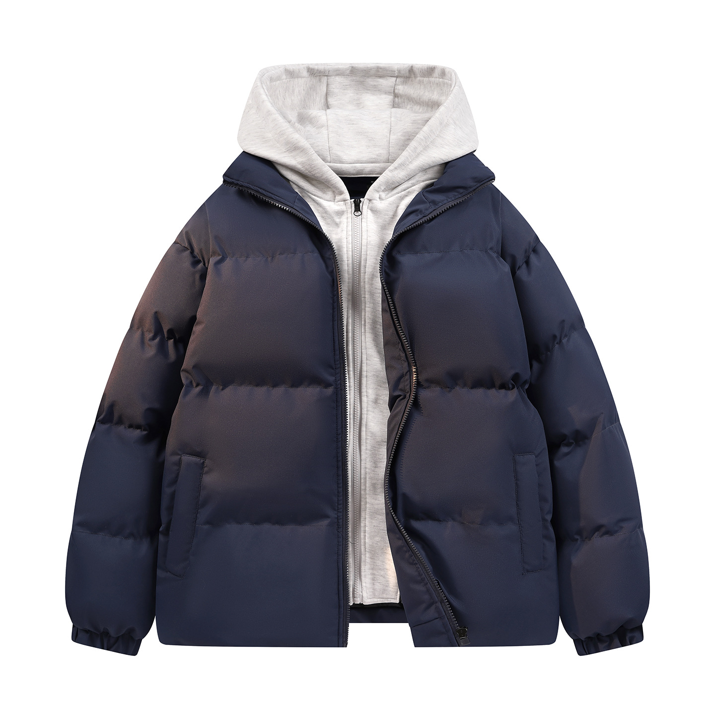 In-stock men's winter faux two-piece hooded cotton jacket, loose-fitting thickened puffer coat, casual versatile outdoor outerwear