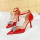 8323-K51 Fashionable Banquet Thin Heels Hollow High Heels Shallow Mouth Pointed Water Diamond Knot Strap Single Shoes
