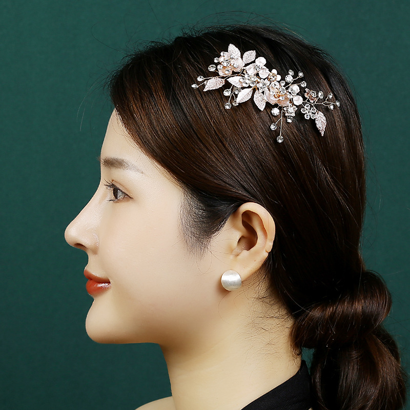 婚禮新娘頭飾手工製作花朵盤發晚宴旗袍禮服髮飾水鑽合金葉子插梳