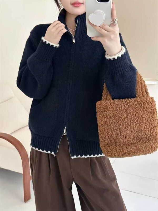 韩系复古双拉链翻领针织开衫女秋冬新款宽松显瘦百搭休闲毛衣外套|undefined