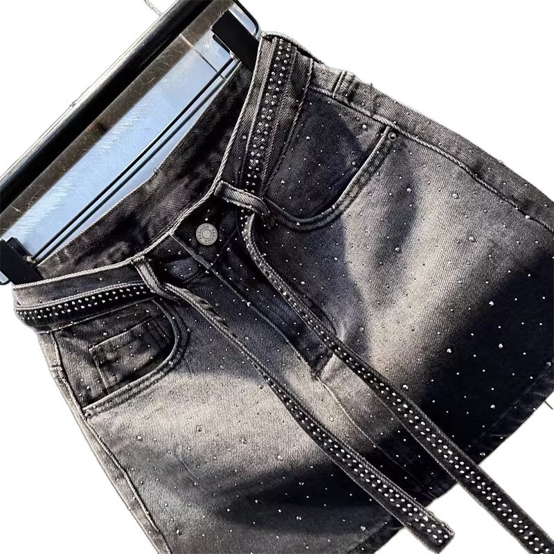 Retro-Denim-Midirock mit Farbverlauf und Strasssteinen in Übergröße, hochtailliert, figurbetonend, A-Linien-Minirock für Damen, neuer Sommerstil_voghion.com