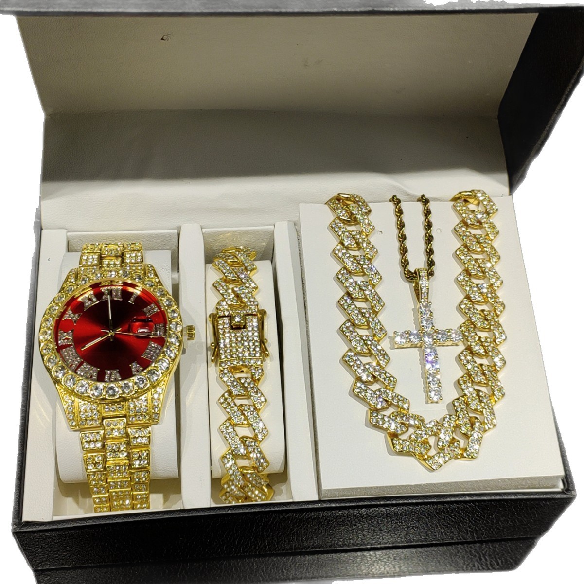 Aleación Hip Hop Diamond Reloj romano Juego de pulsera cubana Calendario de aleación de zinc Reloj de cuarzo wristwatches