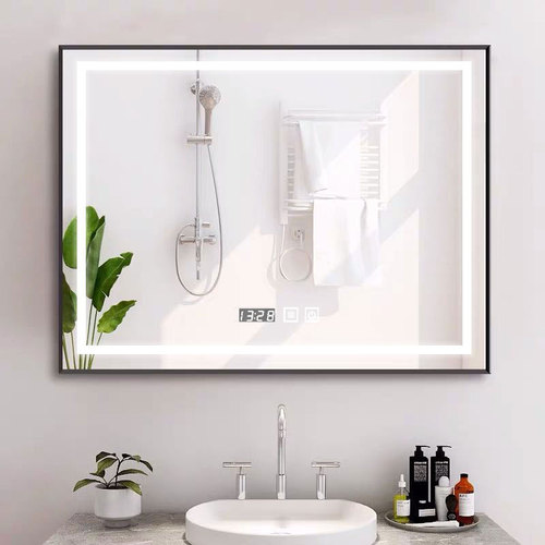 Aluminum alloy edge frame smart anti-fog square bathroom mirror with LED light bathroom toilet mirror wall-mounted hotel