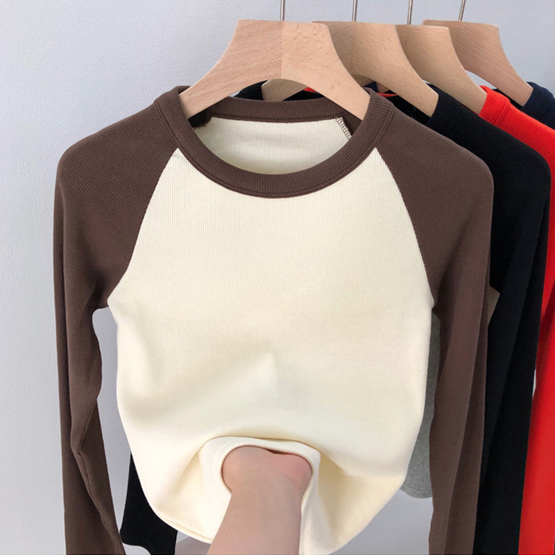 Selected Premium Cotton High-Elastic Ribbed 2026 Autumn/Winter New Retro Color-Blocked Raglan High-Waisted Long-Sleeve T-Shirt for Women