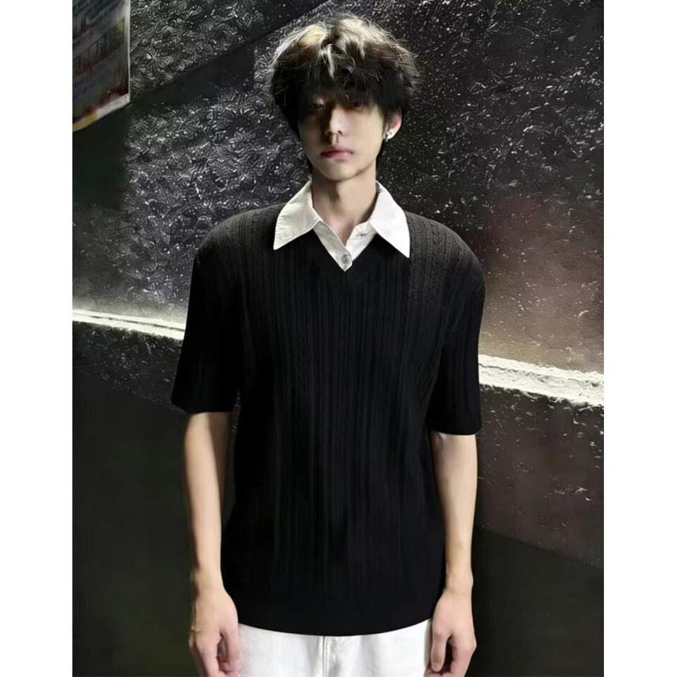 Polo camisa de punto camisa de mangas cortas hombre solapa falsa dos piezas camisa de torsión cuello vieja camisa de estilo de dinero fábrica transfronteriza al por mayor