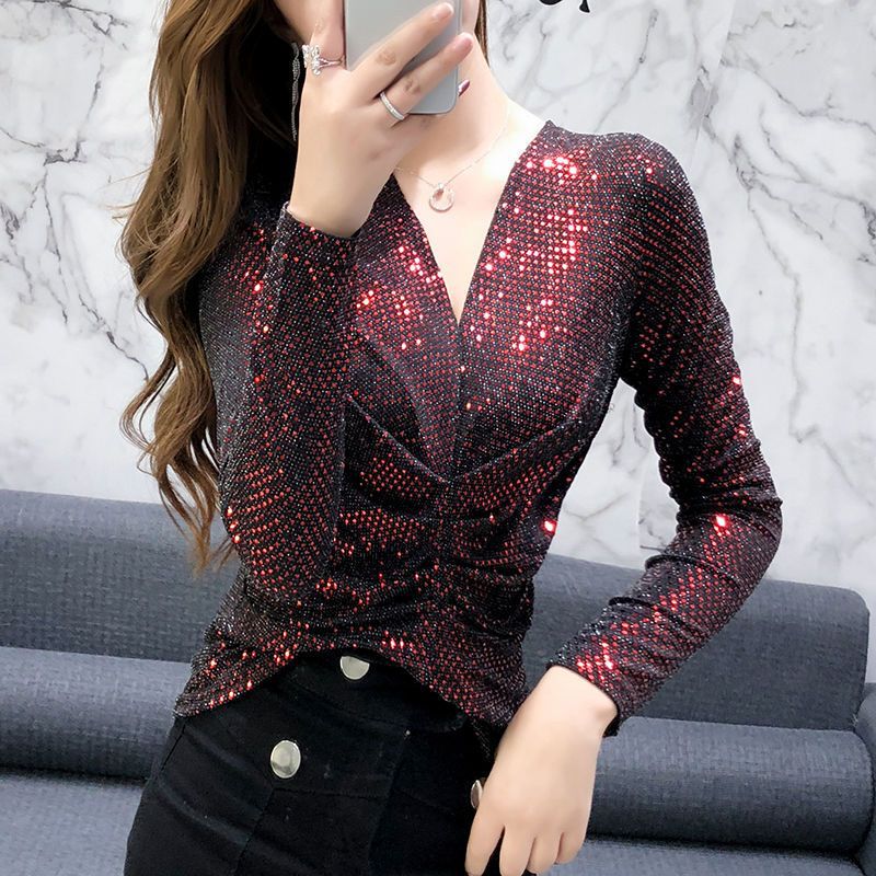 European Station Spring and Autumn 2020 New Year of the Rat Base Shirt Shiny Silk Top for Women with Glitter Sequins Fashionable Top