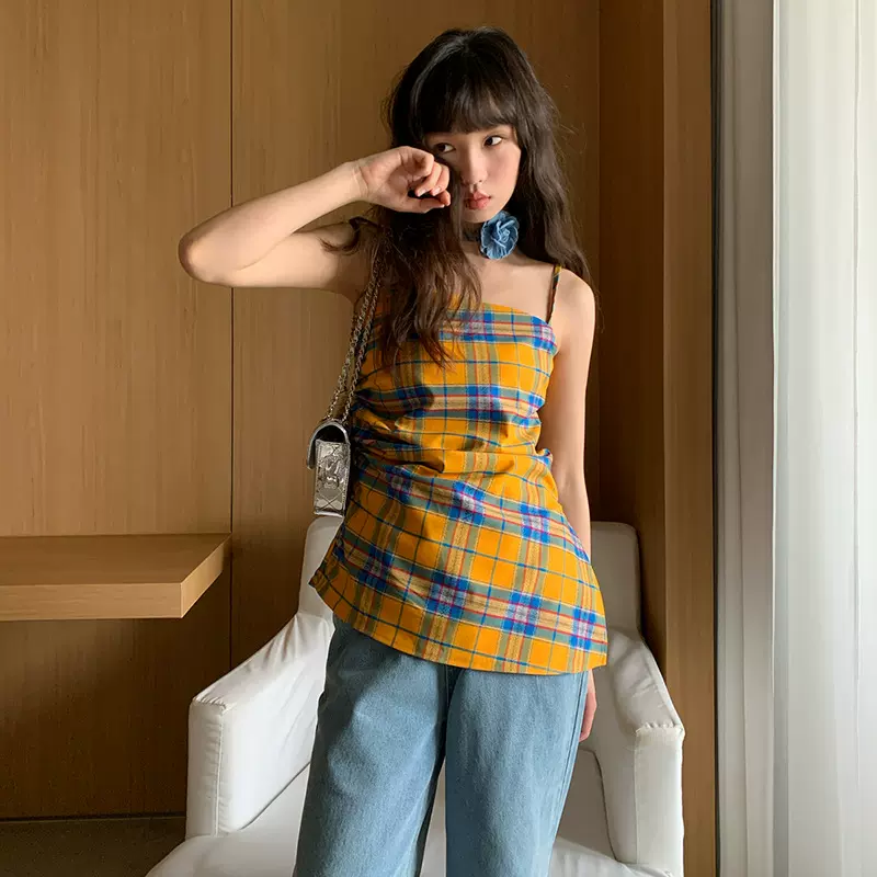 诠释美 NEWOPEN 夏日多巴胺甜美吊带背心外穿减龄格纹上衣女S1013