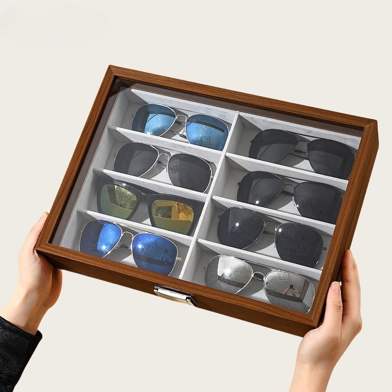 In-Stock Solid Wood 8-Compartment Glasses Storage Box High-End Walnut Color Sunglasses Glasses Store Storage Display Tray for Stalls