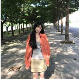 透气薄宽松慵懒女装防晒衬衣叠穿风格子外套撞色款彩橘衬衫