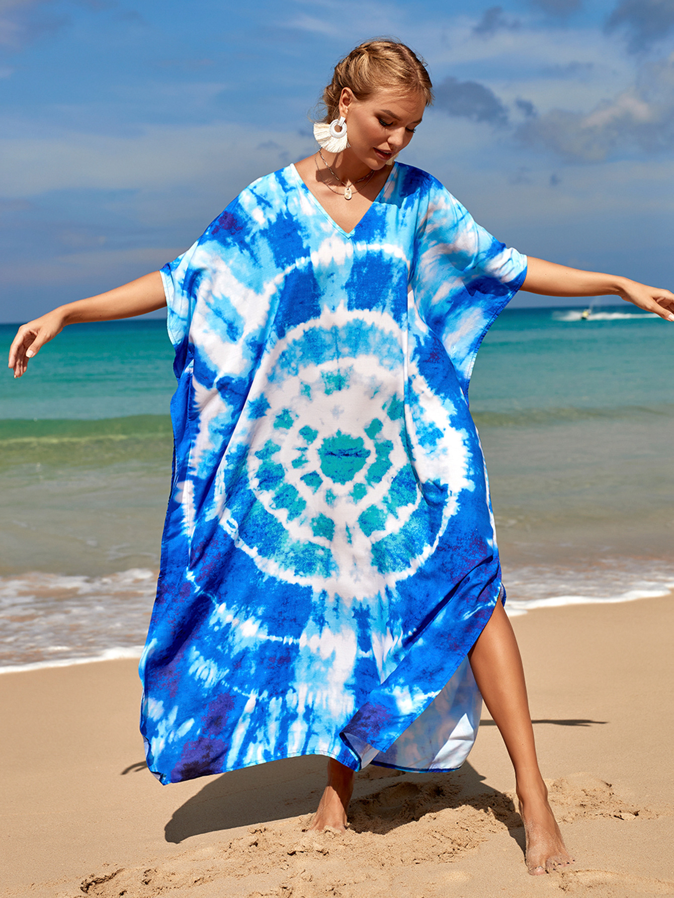 printed loose short sleeve v neck slit beach outdoor cover-up-Multicolor NSMUX131415