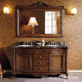 美式复古落地式大理石组合橡木浴室柜洗手间洗漱台实木卫浴台盆柜
