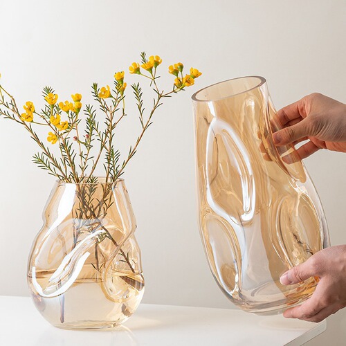 Modern light luxury irregular amber vase, hotel club sample room glass decoration, gold irregular vase